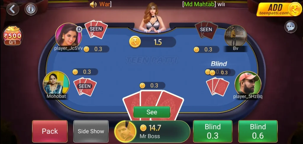 A virtual Teen Patti Master card game interface with player avatars, cards, and betting chips displayed.