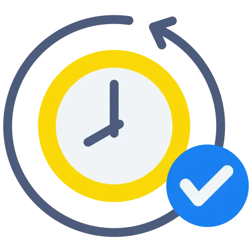 Icon representing a circular clock with one arrow circling around and a checkmark indicating confirmation.