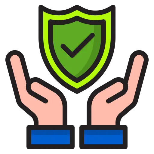 An illustration of a green shield with a checkmark being cradled in two hands, symbolizing protection or security.