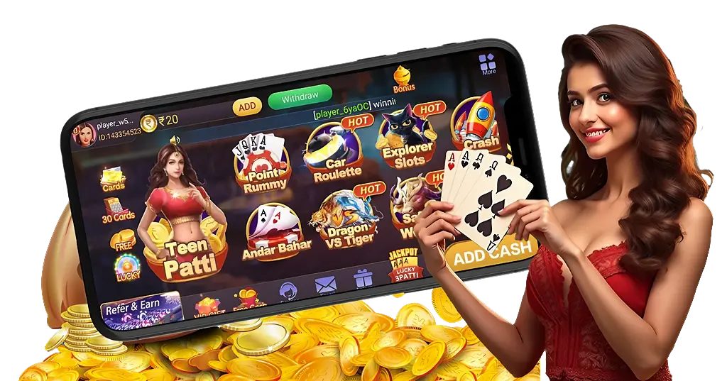 Woman holding playing cards with a digital tablet displaying teen patti master games behind her.