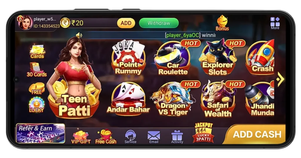 A mobile screen displaying various colorful icons of online card games like Teen Patti Master